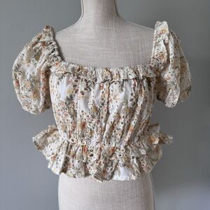 En Saison Blouse Yellow Eyelet Floral Off Shoulder Short Sleeve Crop Size‎ M